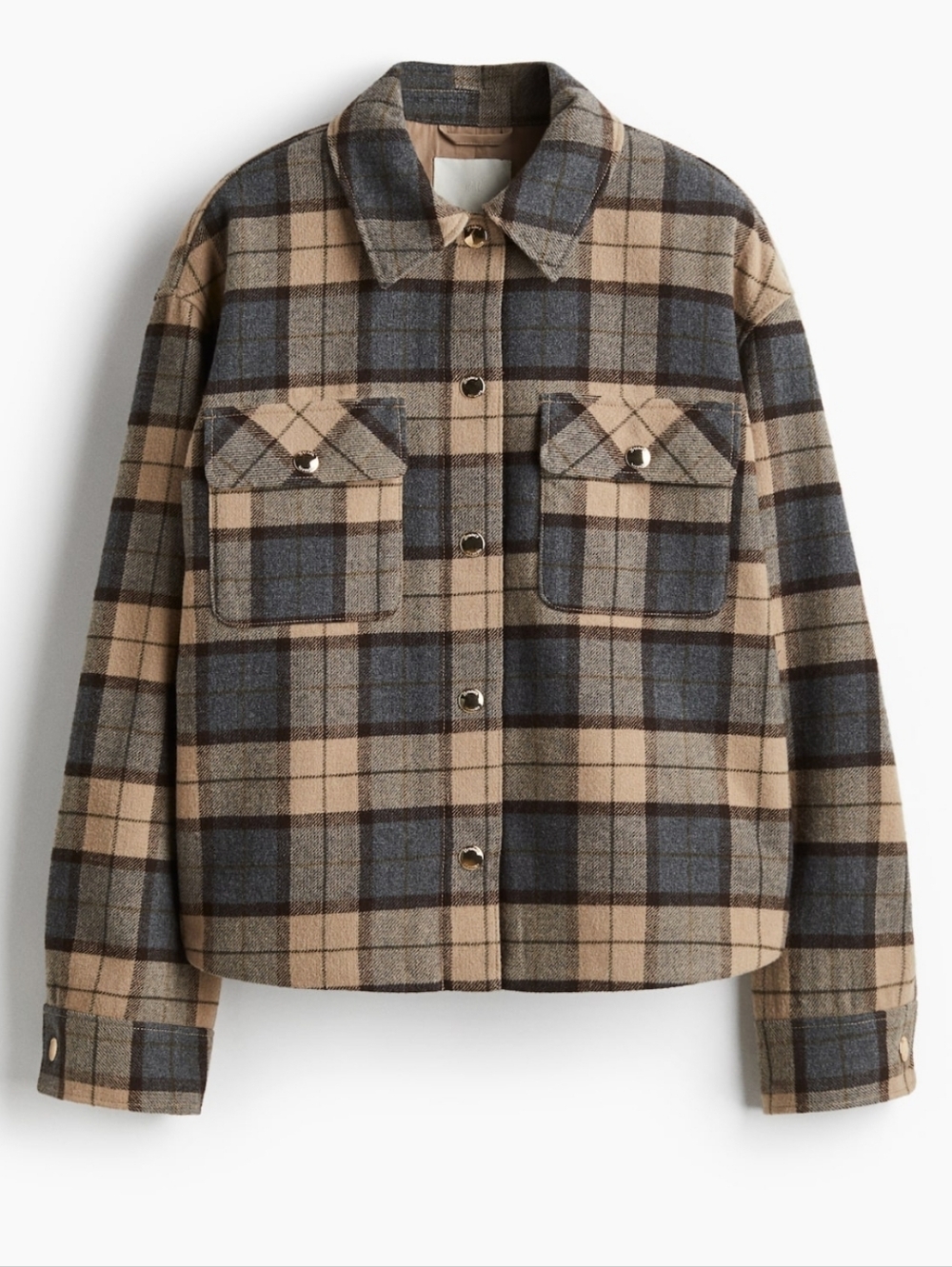 ​H&M Twill Shirt Jacket Shacket - Light Beige S - Flannel - Plaid Blue